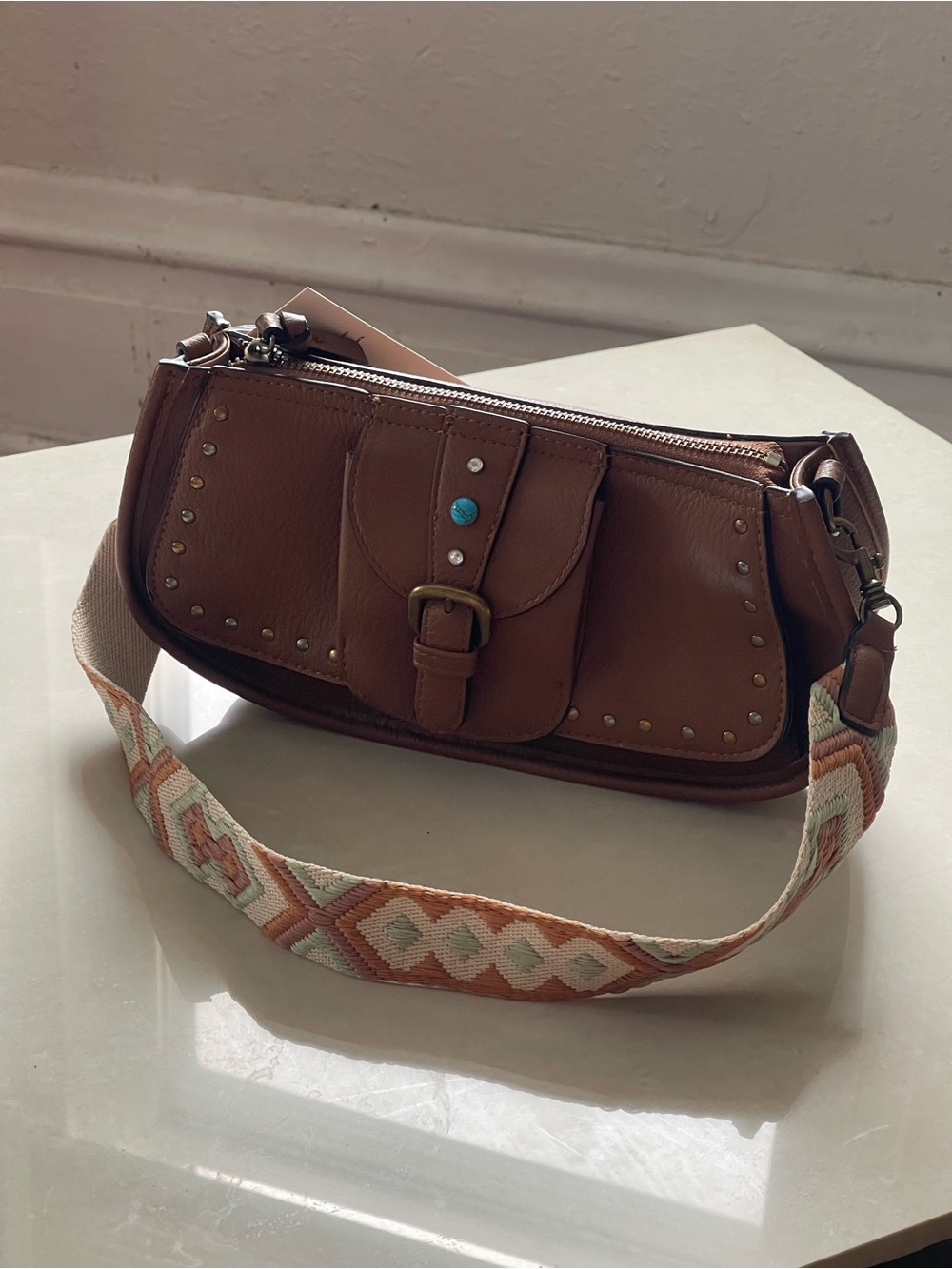 Shoulder Bag with Studded Detailing & Geometric-Patterned Strap